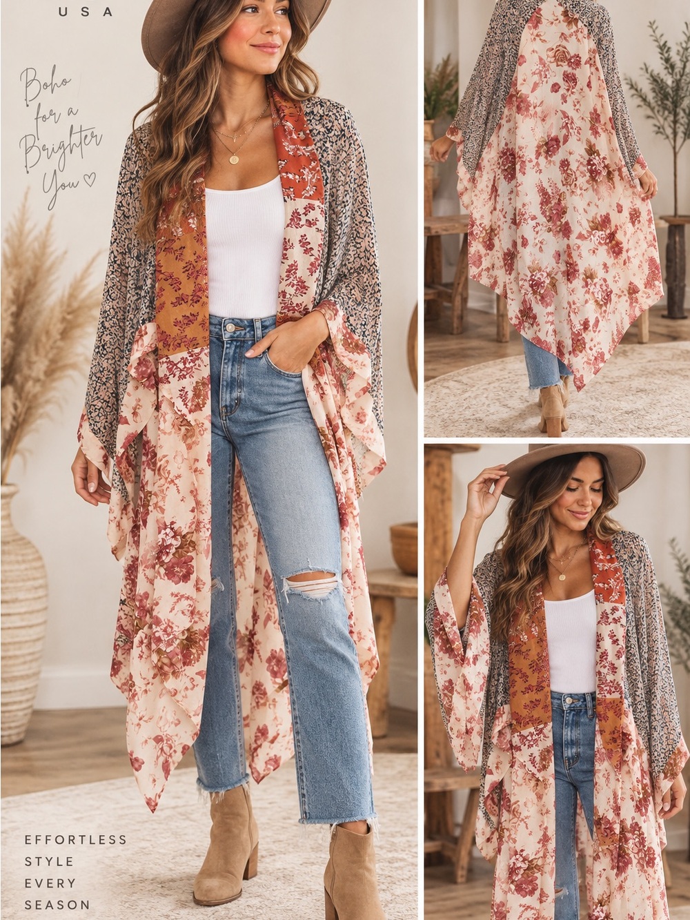 Umgee Mixed Floral Patchwork Duster Cardigan – Size S/M